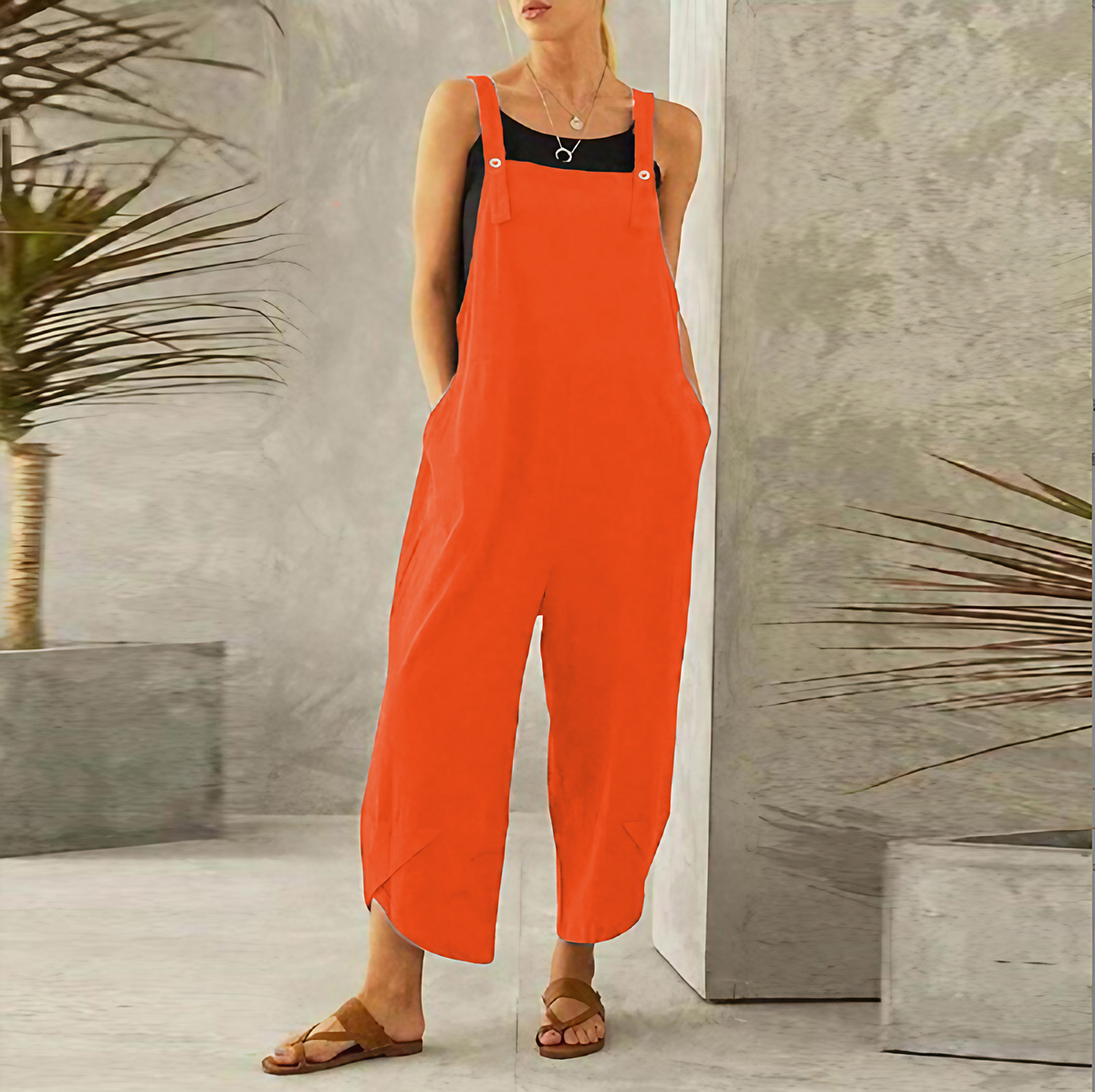 Combinaison ample femme à bretelles réglables et poches, orange