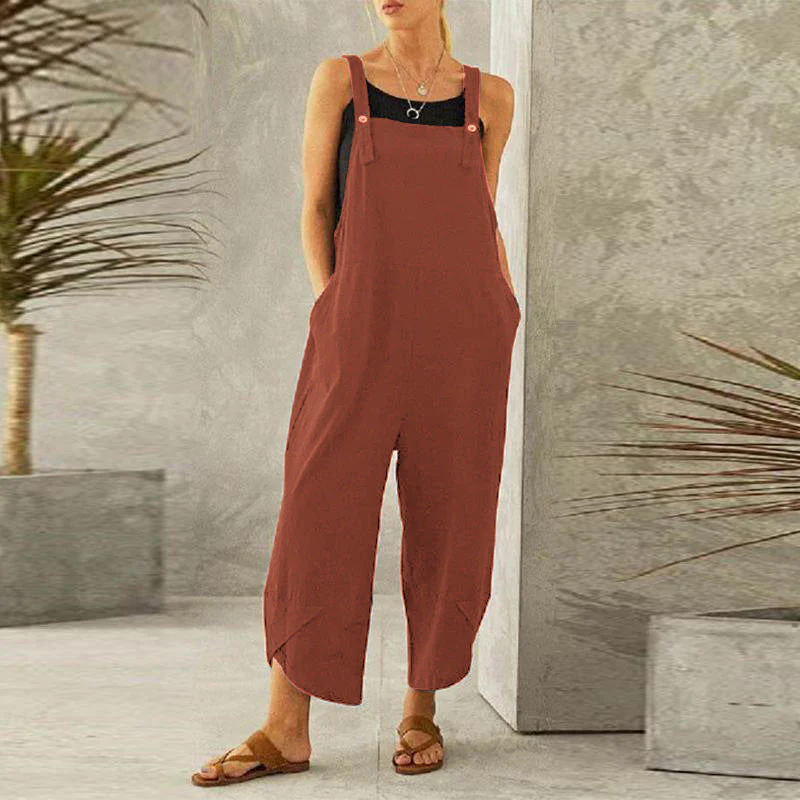 Combinaison ample femme à bretelles réglables et poches, rouge