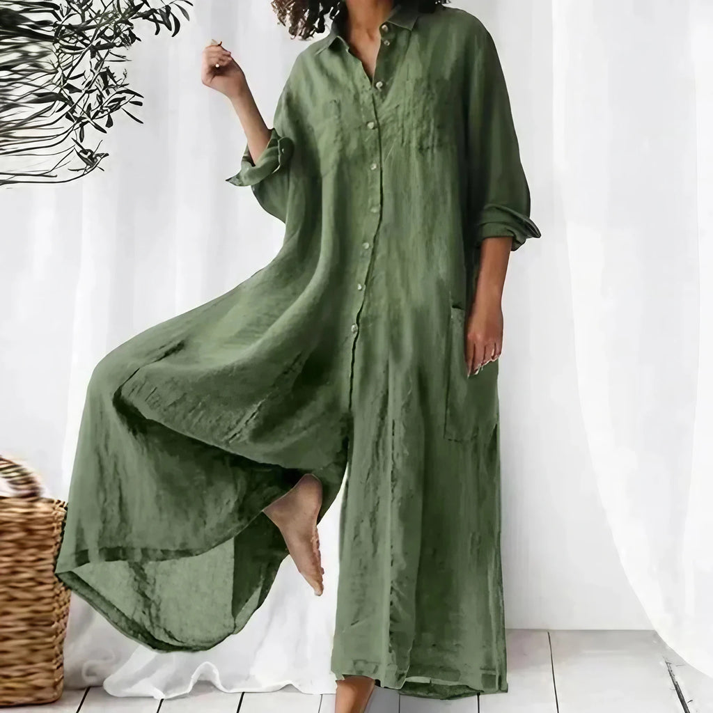 Combinaison femme boutonnée devant, jambes larges, manches longues, vert