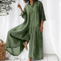 Combinaison femme boutonnée devant, jambes larges, manches longues, vert