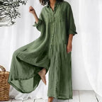 Combinaison femme boutonnée devant, jambes larges, manches longues, vert