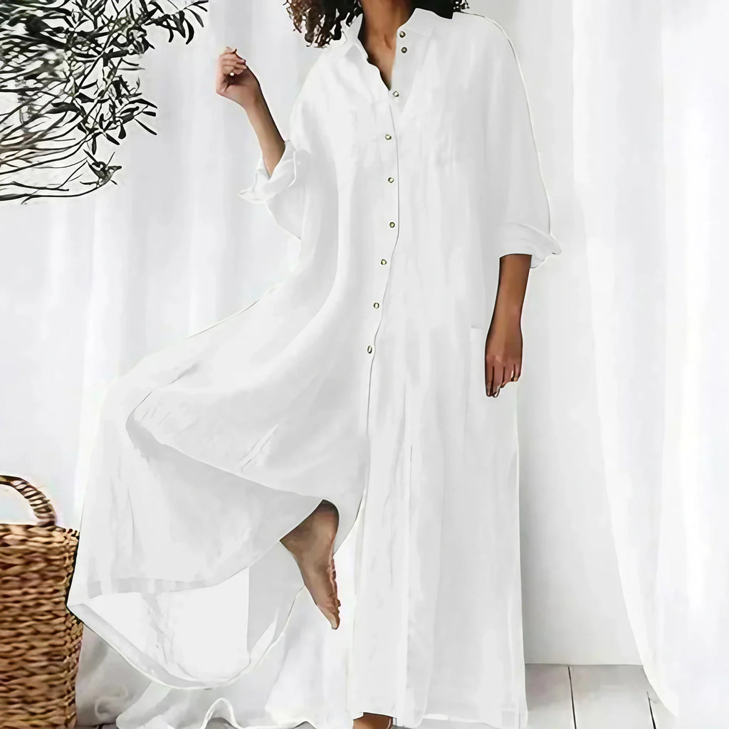 Combinaison femme boutonnée devant, jambes larges, manches longues, blanc