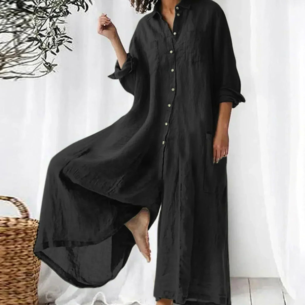 Combinaison femme boutonnée devant, jambes larges, manches longues, noir