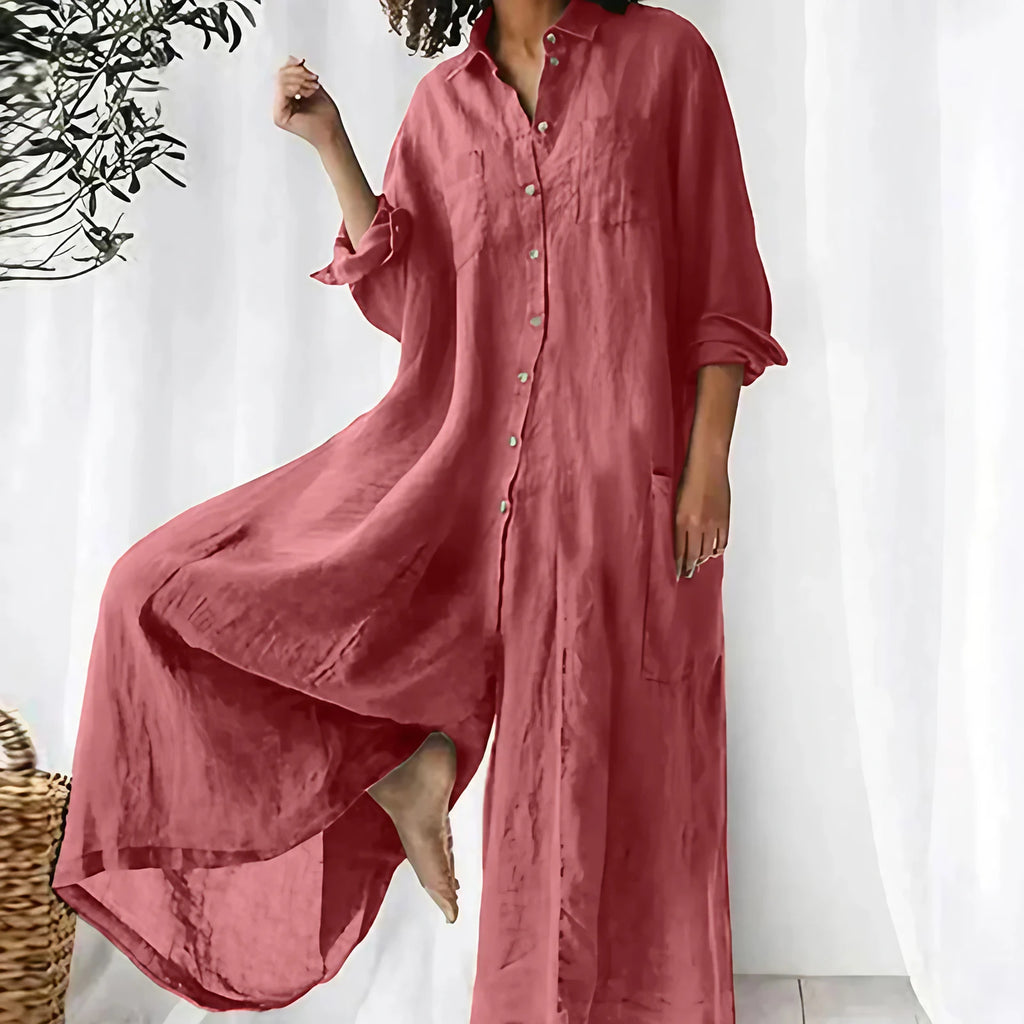 Combinaison femme boutonnée devant, jambes larges, manches longues, rose