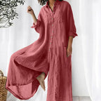 Combinaison femme boutonnée devant, jambes larges, manches longues, rose
