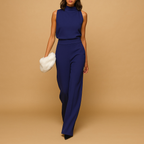 Combinaison femme dos nu, taille haute et jambes larges, bleu marine