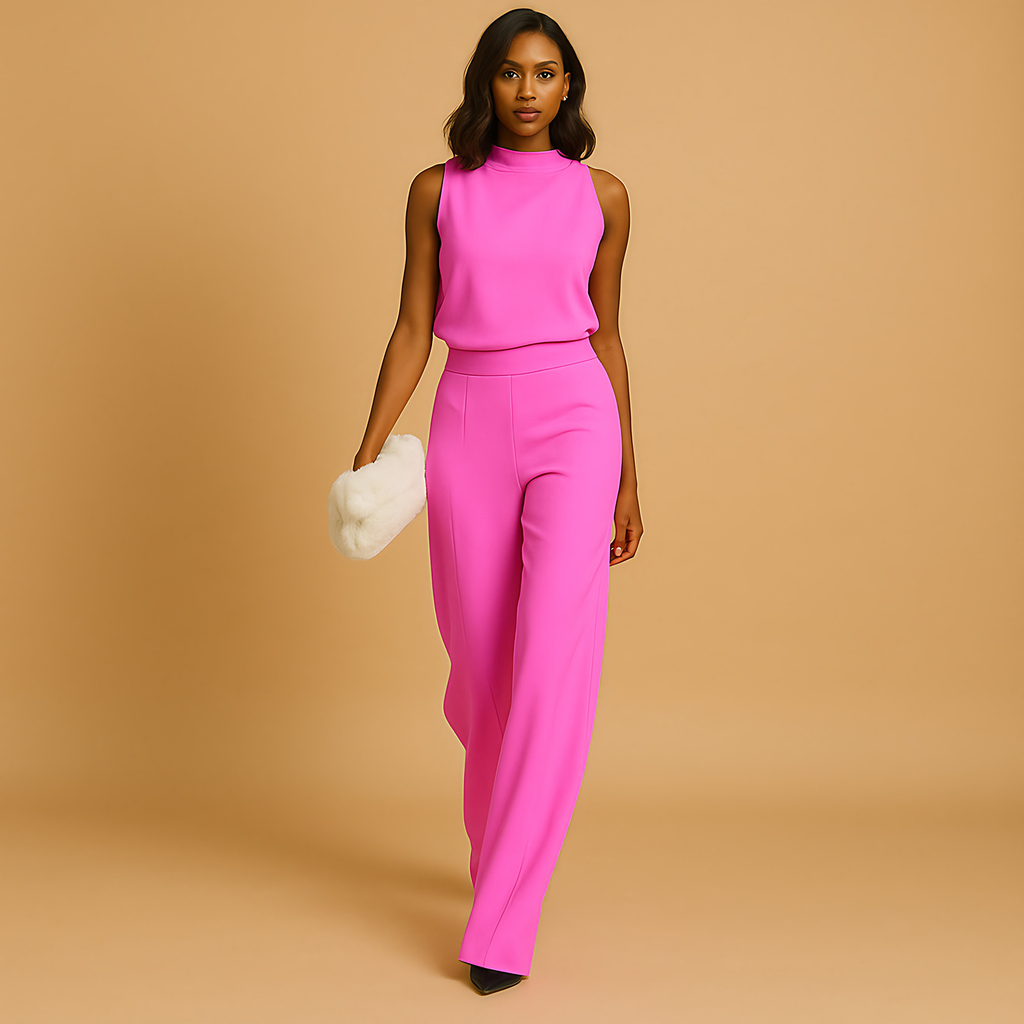 Combinaison femme dos nu, taille haute et jambes larges, rose
