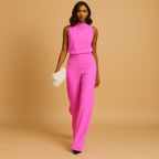 Combinaison femme dos nu, taille haute et jambes larges, rose