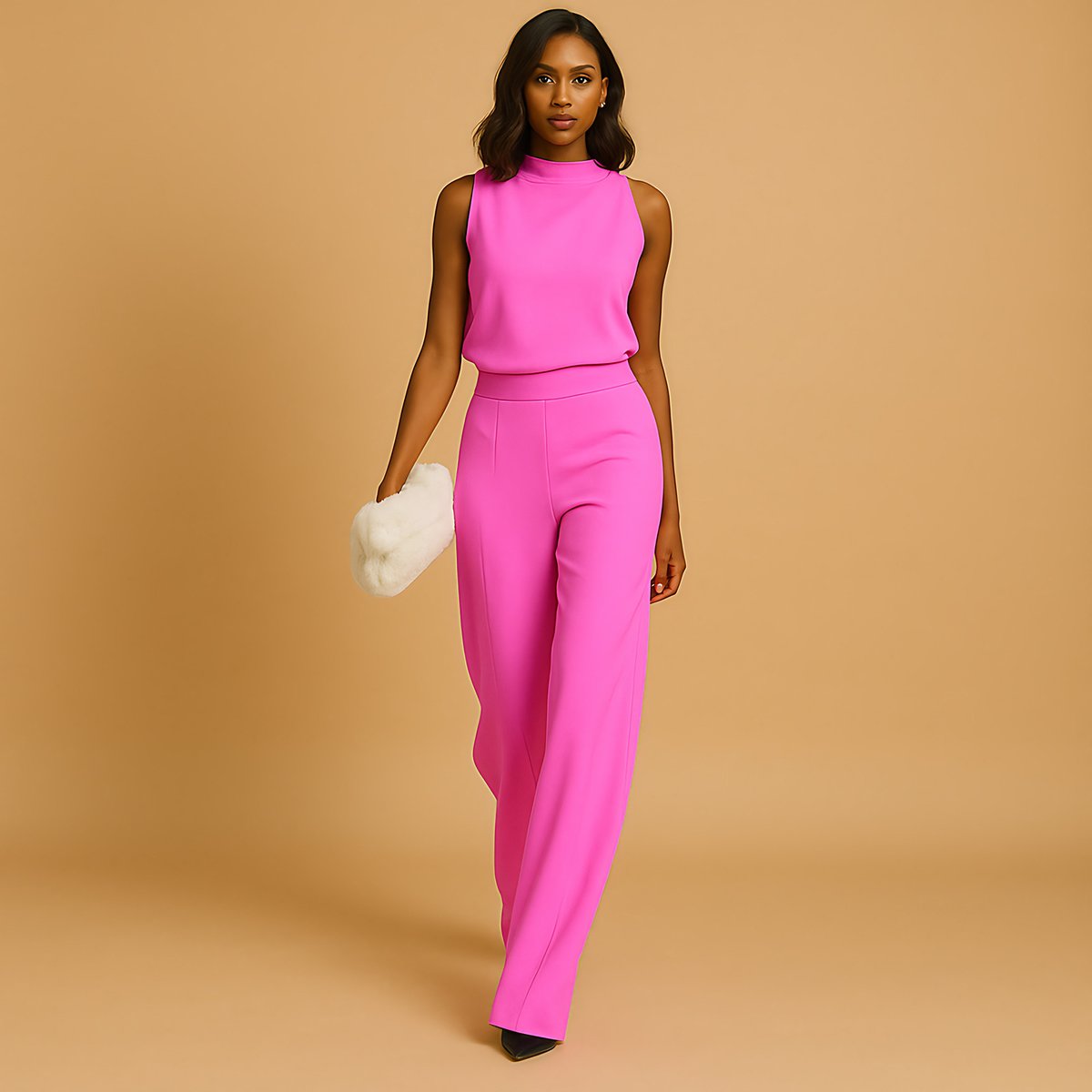 Combinaison femme dos nu, taille haute et jambes larges, rose
