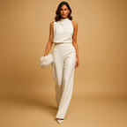 Combinaison femme dos nu, taille haute et jambes larges, blanc