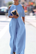 Combinaison femme droite à col rond, détails ajourés, du S au 5XL, bleu