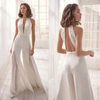 Combinaison blanche femme à col V plongeant, coupe fluide, blanc
