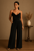 Combinaison de soirée femme à fines bretelles et jambes larges, noir