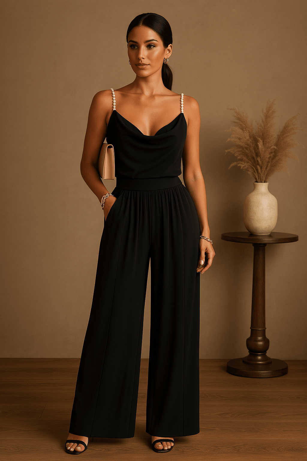Combinaison de soirée femme à fines bretelles et jambes larges, noir