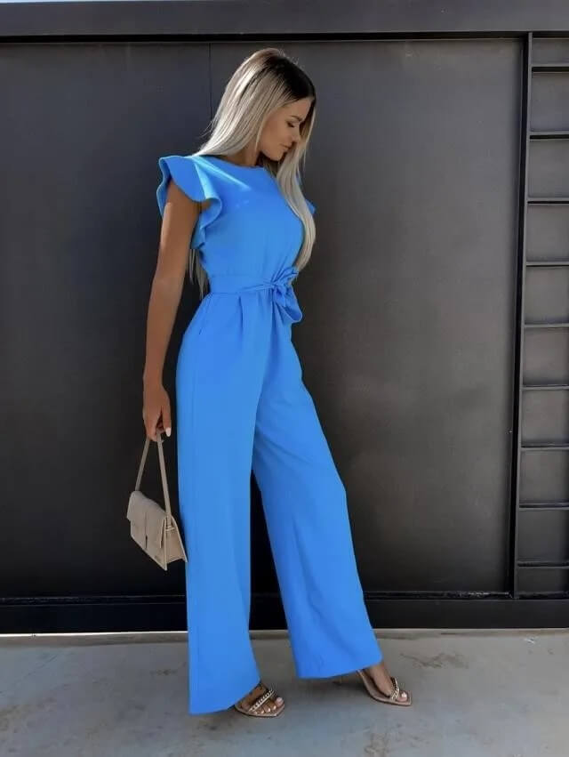 Combinaison pantalon femme à manches volantées et ceinture, bleu