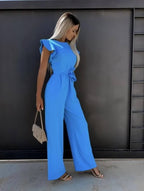 Combinaison pantalon femme à manches volantées et ceinture, bleu