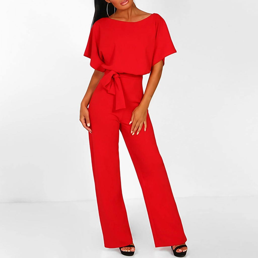 Combinaison femme jambes larges, laçage à la taille, rouge