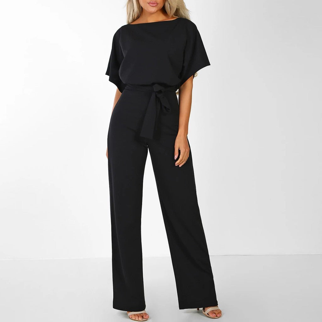 Combinaison femme jambes larges, laçage à la taille, noir