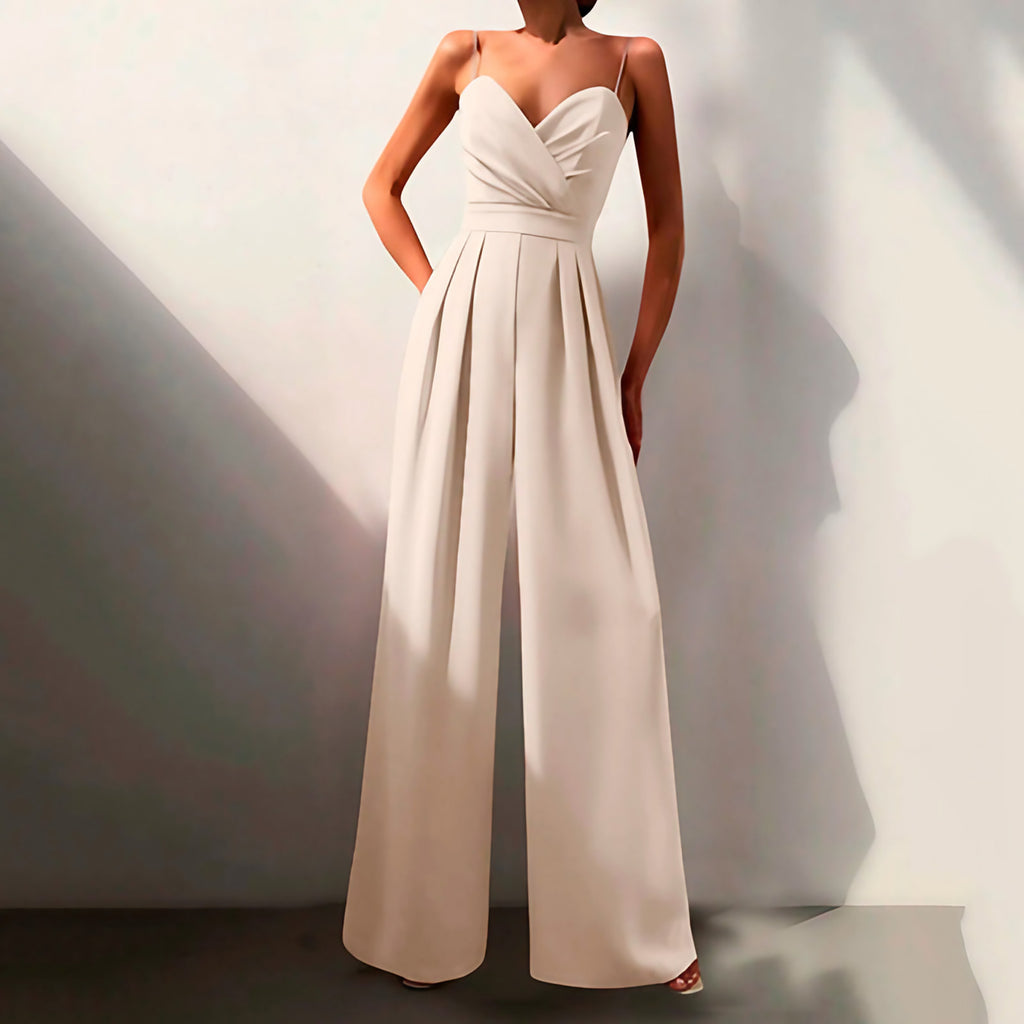 Combinaison femme jambes larges, décolleté croisé, fines bretelles, blanc