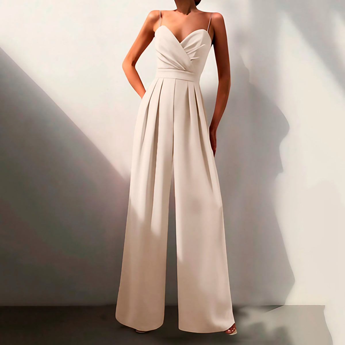 Combinaison femme jambes larges, décolleté croisé, fines bretelles, blanc