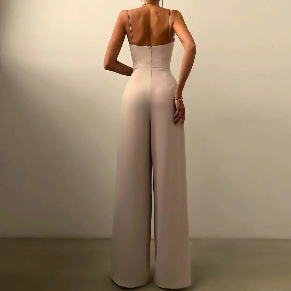 Combinaison femme jambes larges, décolleté croisé, fines bretelles