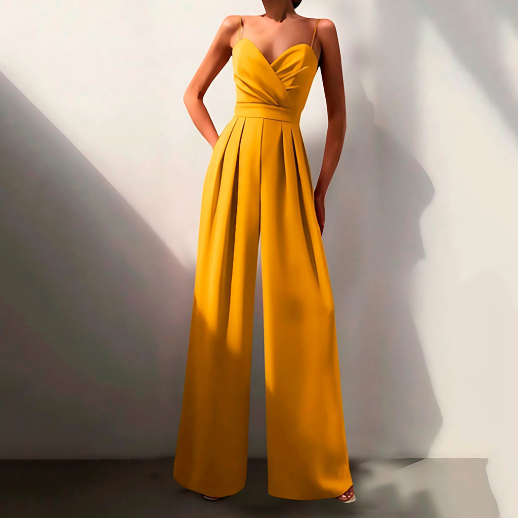 Combinaison femme jambes larges, décolleté croisé, fines bretelles, jaune