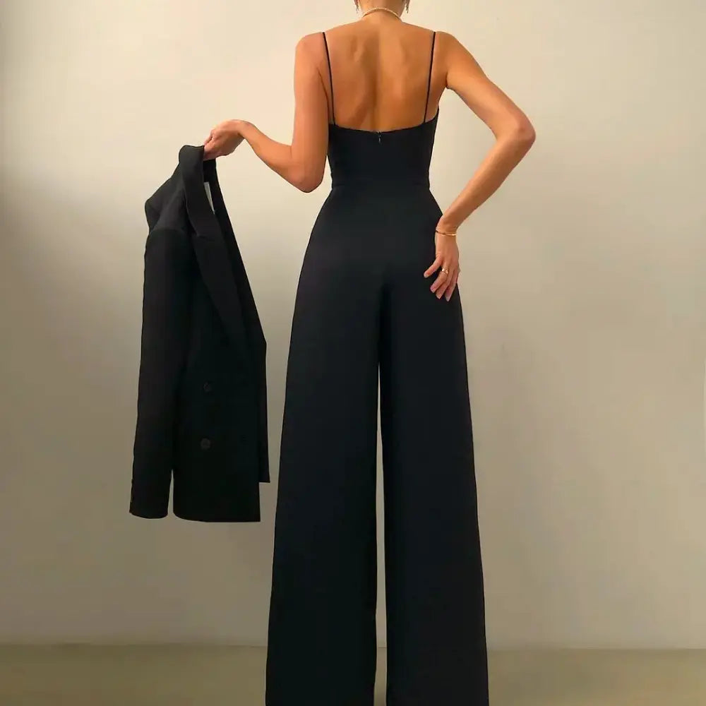 Combinaison femme jambes larges, décolleté croisé, fines bretelles