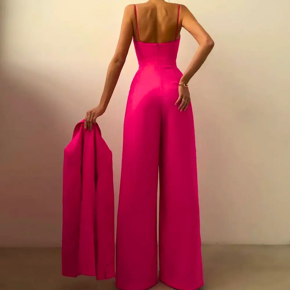 Combinaison femme jambes larges, décolleté croisé, fines bretelles