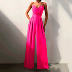 Combinaison femme jambes larges, décolleté croisé, fines bretelles, rose