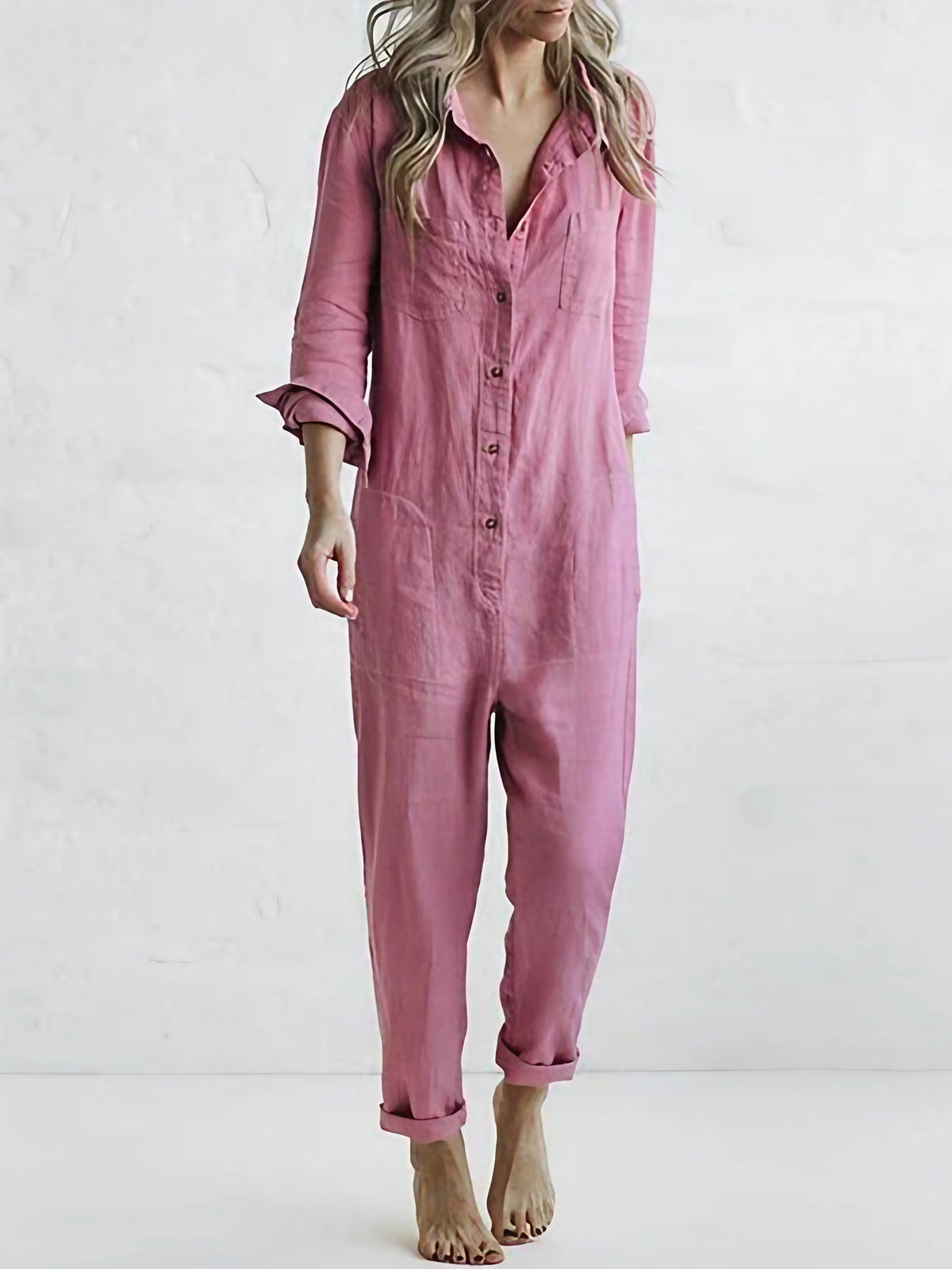 Combinaison pantalon femme à manches longues, quatre coloris, rose