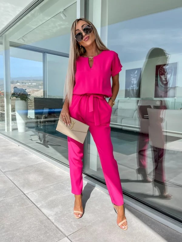 Combinaison femme à manches courtes pour l'été, quatre coloris, rose foncé