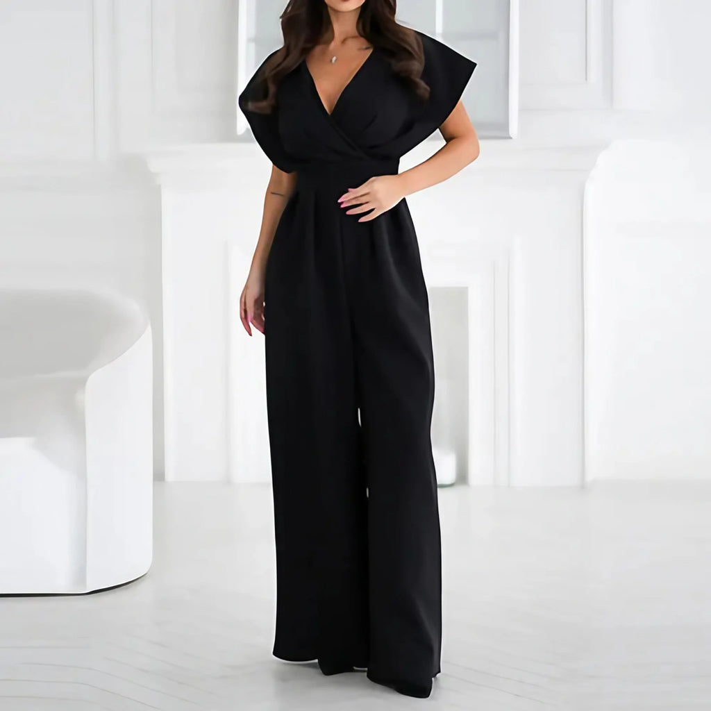 Combinaison pantalon femme jambes larges, manches papillon, noir