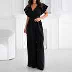 Combinaison pantalon femme jambes larges, manches papillon, noir