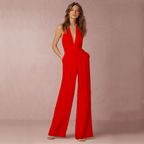 Combinaison femme sans manches, décolleté plongeant, jambes larges, rouge