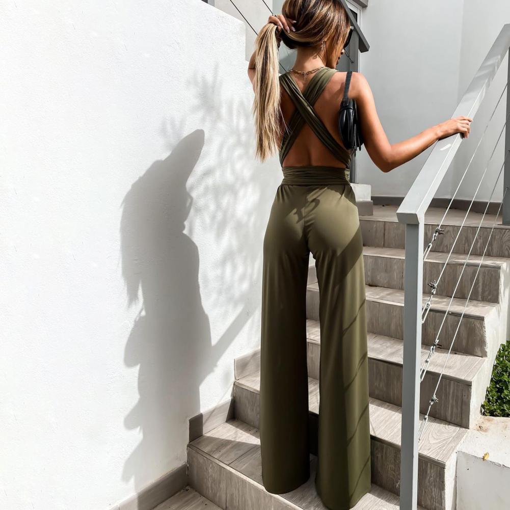 Combinaison pantalon femme col V, sans manches, jambes larges