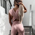 Combinaison pantalon femme col V, sans manches, jambes larges