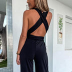 Combinaison pantalon femme col V, sans manches, jambes larges