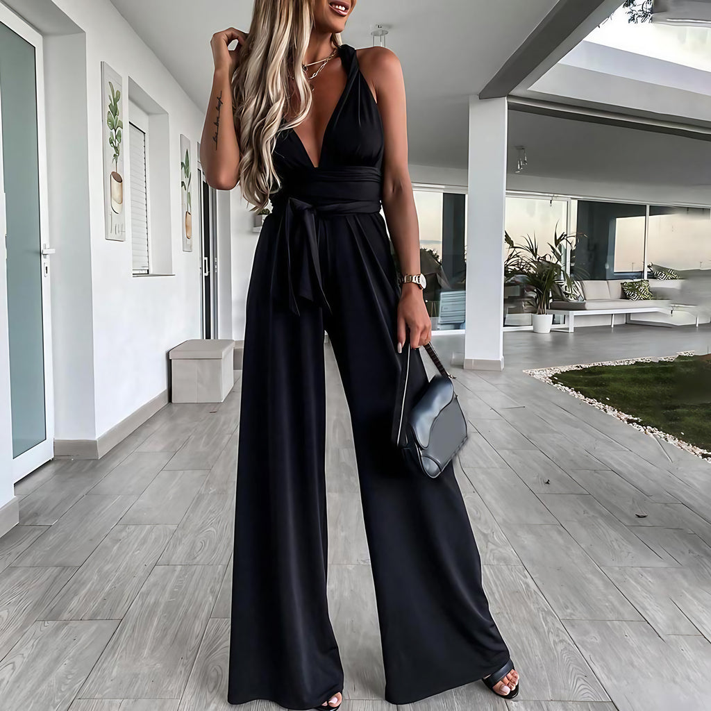 Combinaison pantalon femme col V, sans manches, jambes larges, noir