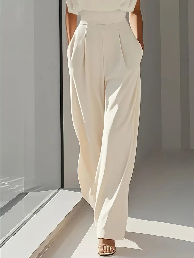 Combinaison pantalon femme beige, taille haute, jambes droites