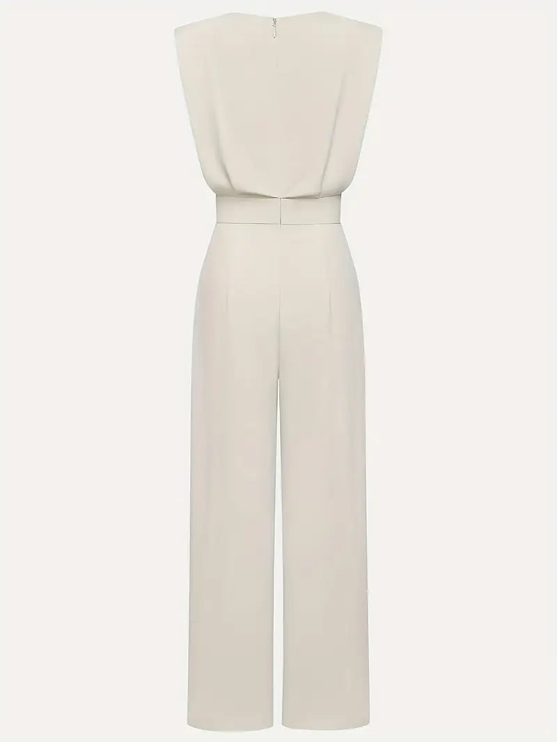 Combinaison pantalon femme beige, taille haute, jambes droites