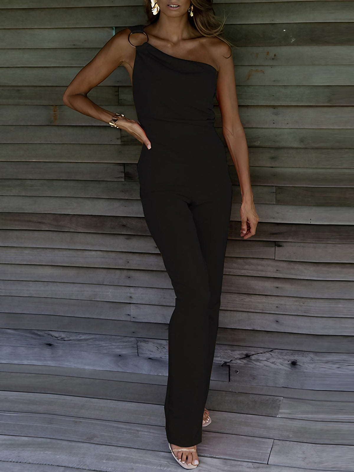 Combinaison longue femme asymétrique à une bretelle, cinq coloris, noir