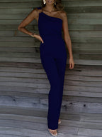 Combinaison longue femme asymétrique à une bretelle, cinq coloris, bleu foncé