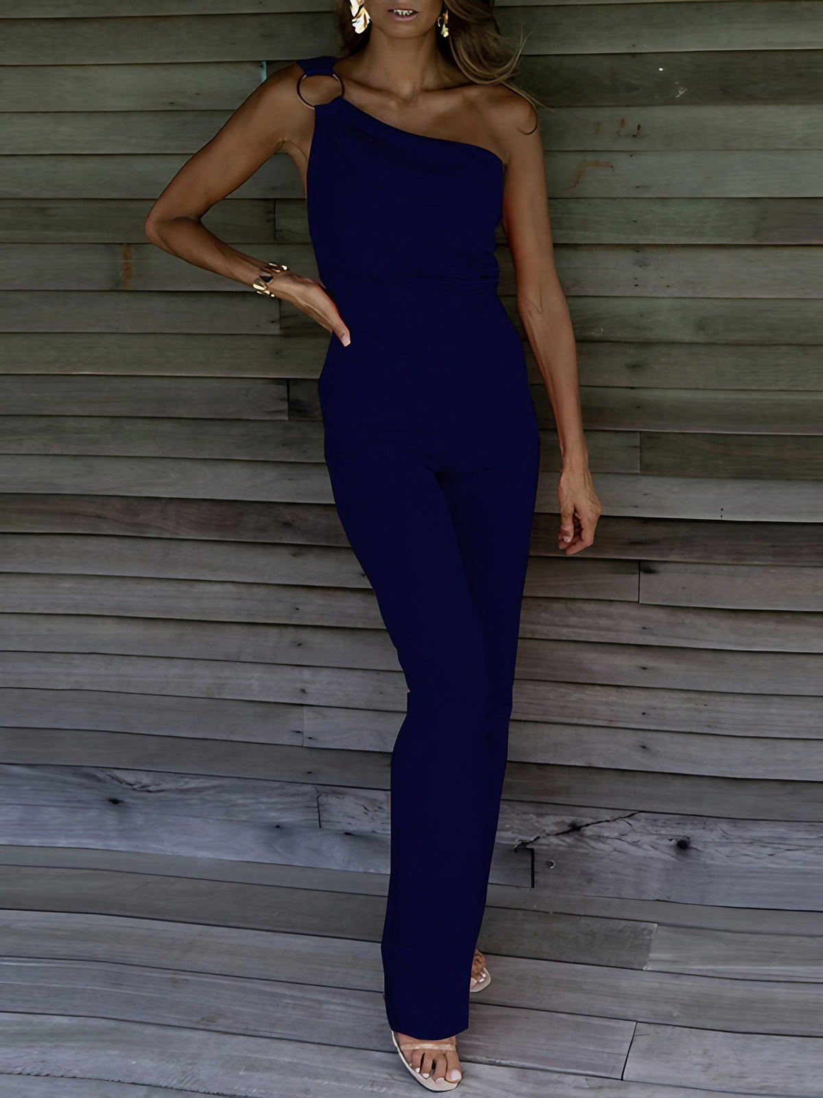 Combinaison longue femme asymétrique à une bretelle, cinq coloris, bleu foncé