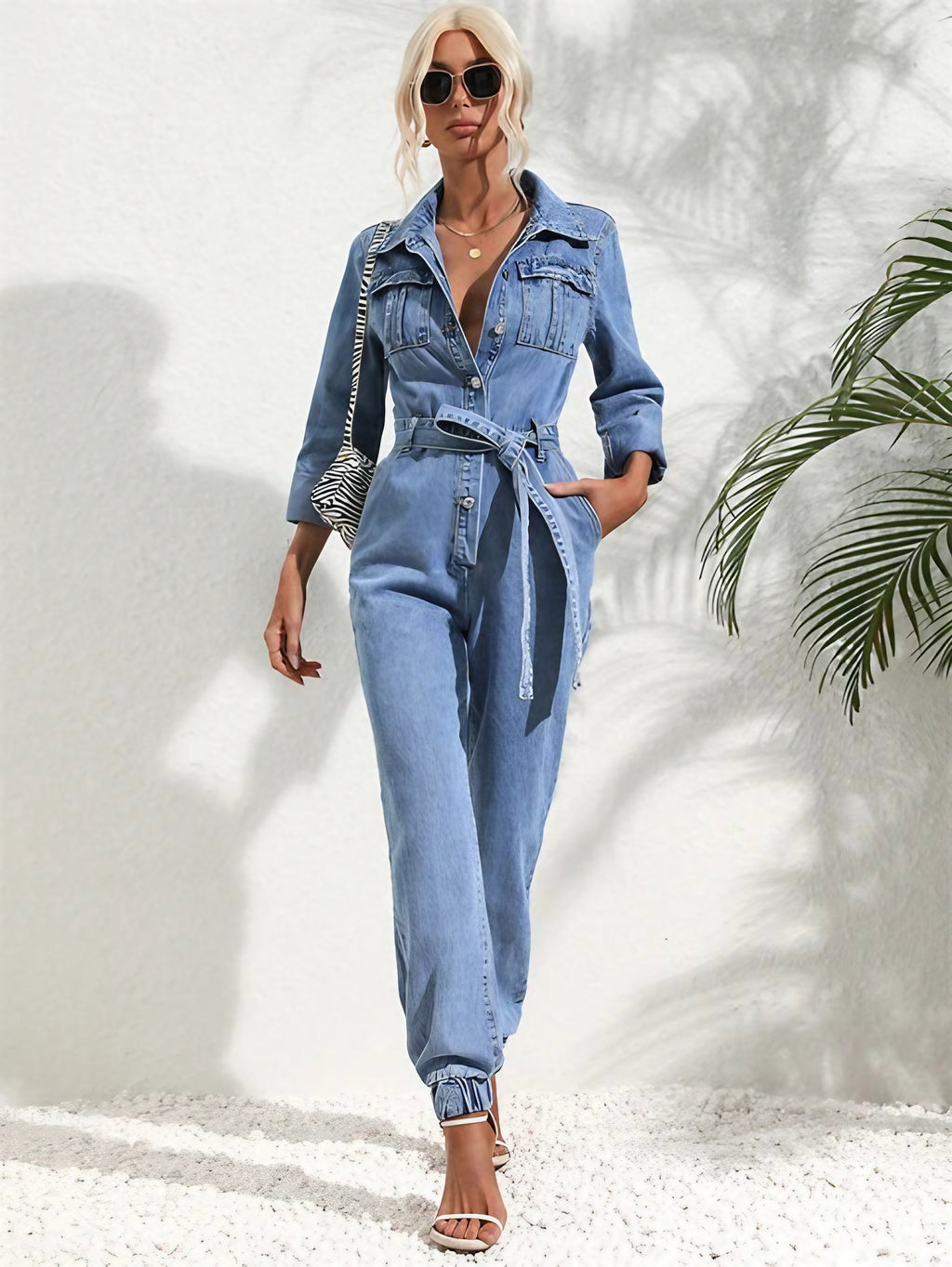 Combinaison pantalon femme boutonnée, bleu jean, poches poitrine