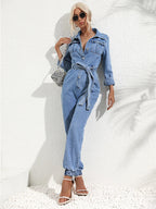 Combinaison pantalon femme boutonnée, bleu jean, poches poitrine