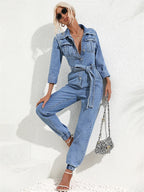 Combinaison pantalon femme boutonnée, bleu jean, poches poitrine