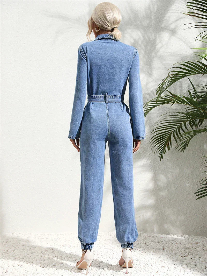 Combinaison pantalon femme boutonnée, bleu jean, poches poitrine