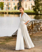 Combinaison pantalon femme col V plongeant, jambes larges, blanc