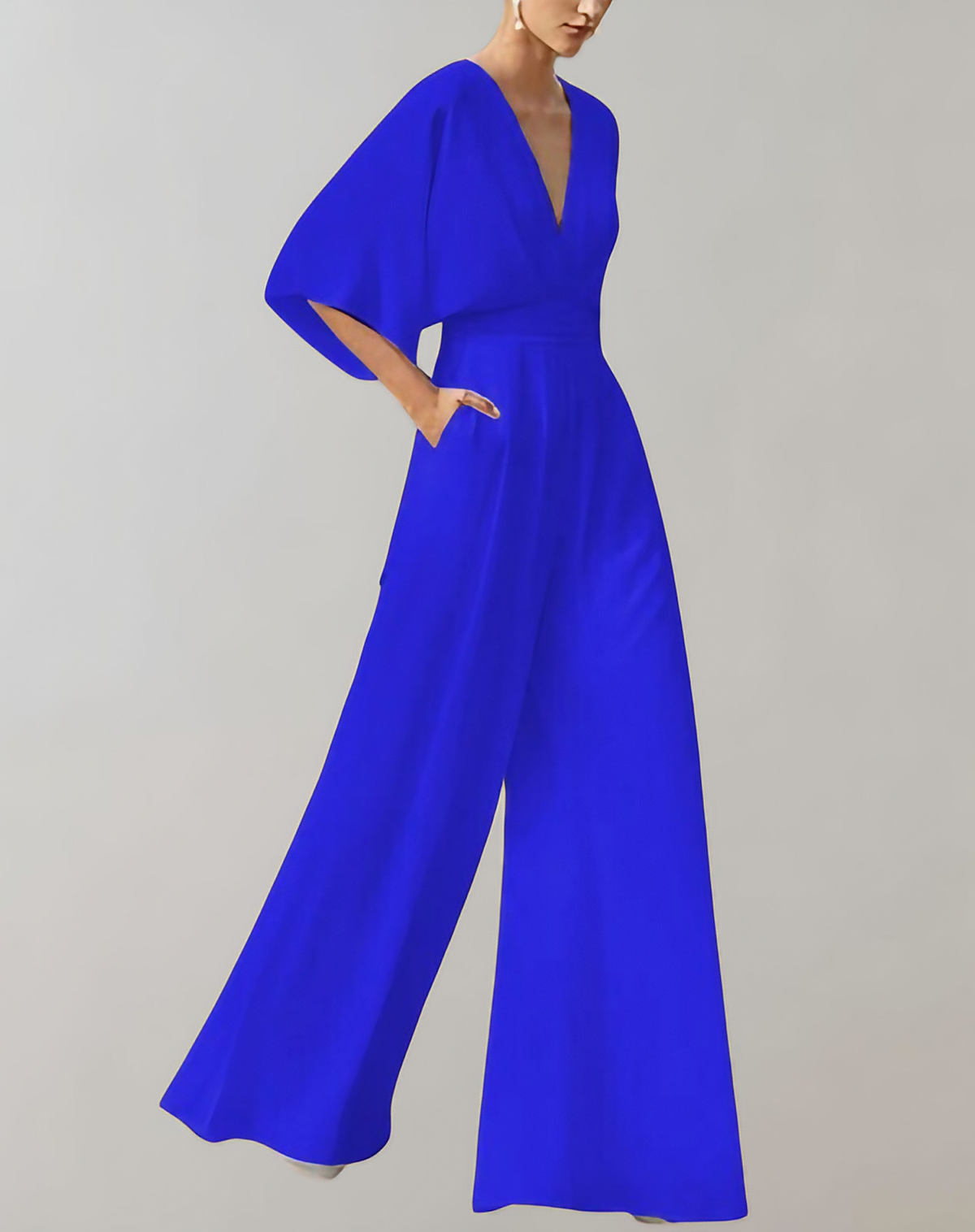 Combinaison pantalon femme col V plongeant, jambes larges, bleu 01