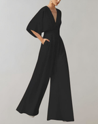 Combinaison pantalon femme col V plongeant, jambes larges, noir